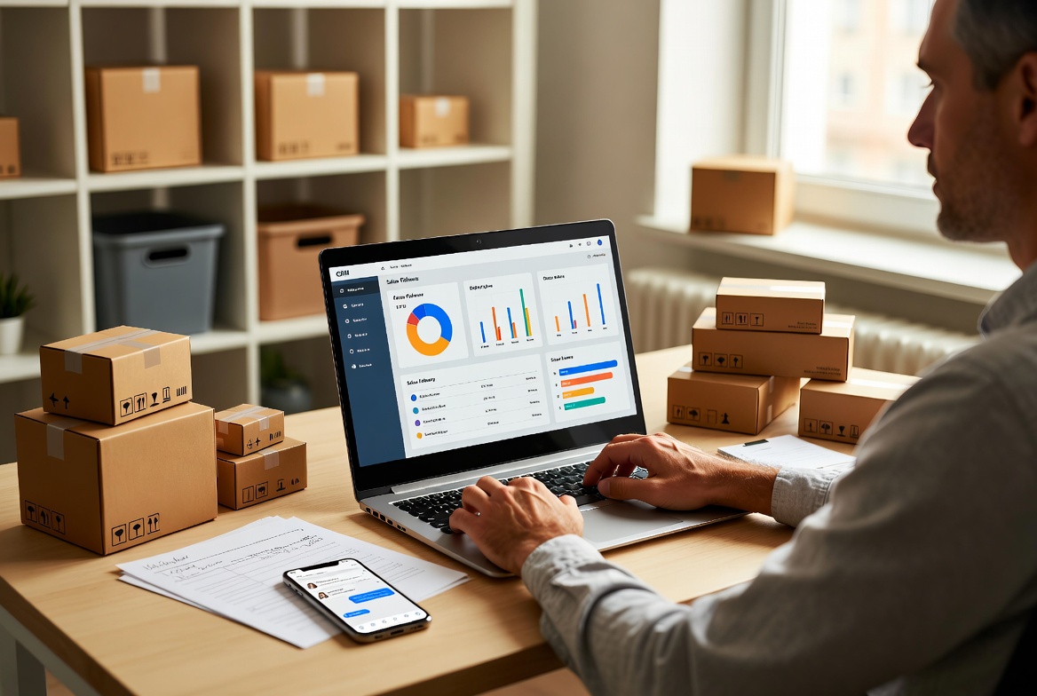 صاحب کسبوکار کوچک در حال بررسی اطلاعات مشتریان و پیگیری فروش در نرمافزار CRM